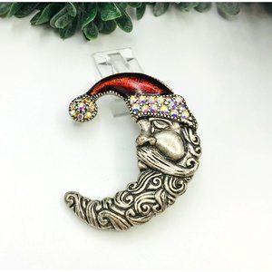 Christmas brooch santa head with red hat iridescent rhinestones by TC